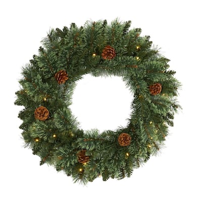 Nearly Natural 24 in. Pre-Lit Green Pine Artificial Christmas Wreath ...