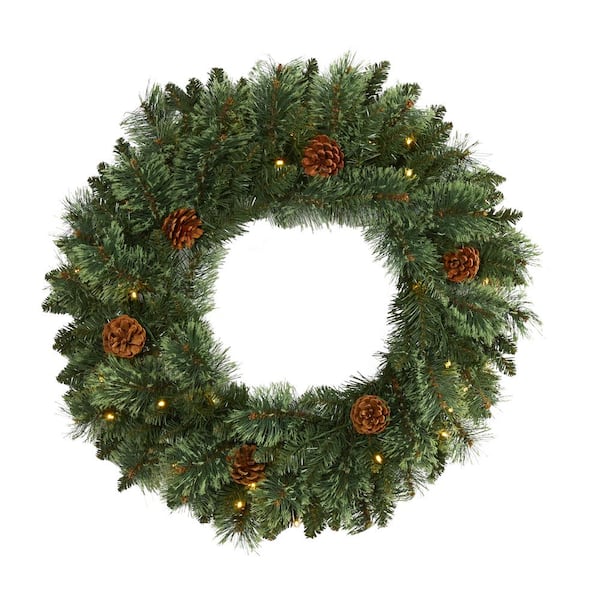 Nearly Natural 24 in. Pre-Lit Green White-Mountain Pine Artificial Christmas Wreath with 35 LED Lights and Pine Cones