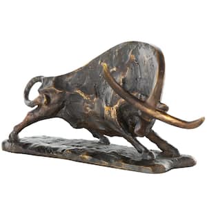 7 in. Black Polystone Distressed Textured Bull Sculpture with Gold Accents