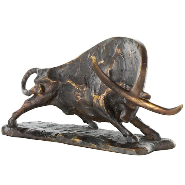 Litton Lane 7 in. Black Polystone Distressed Textured Bull Sculpture with Gold Accents