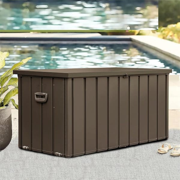 150 Gal. Dark Brown Steel Deck Box with Lockable Lid, Mobility Rollers and Side Handles