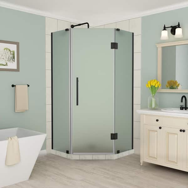 Aston Merrick 34 in. to 34.25 in. x 72 in. Frameless Hinged Neo-Angle Shower Enclosure with Frosted Glass in Oil Rubbed Bronze