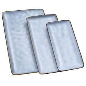 12.6/14.1/15.67 in. Blue Stoneware Rectangular Serving Platter Trays for Party Food Turkey Snack Cheese (Set of 3)