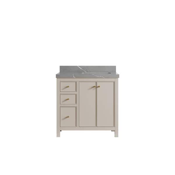 Willow Collections Chicago 36 in. Right Offset Sink Freestanding Fine Grain Bath Vanity with Piatra Gray Qt. Top Unassembled