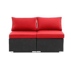 2-Piece Wicker Rattan Sofa Conversation Seat with Red Cushion