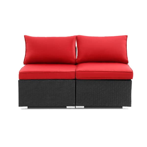 OVASTLKUY 2-Piece Wicker Rattan Sofa Conversation Seat with Red Cushion