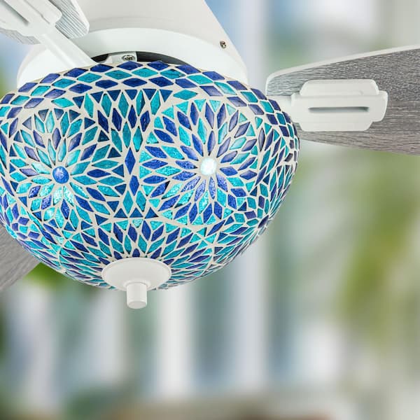 Rory 42 in. 2-Light Indoor White Ceiling Fan with Blue and Teal Mosaic Glass Bowl Shade and Remote Control