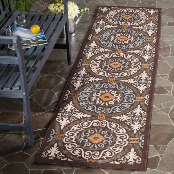 Veranda Chocolate/Aqua 2 ft. x 14 ft. Border Geometric Indoor/Outdoor Runner Rug