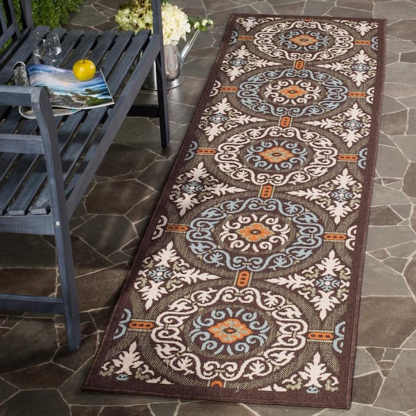 Veranda Chocolate/Aqua 2 ft. x 5 ft. Border Geometric Indoor/Outdoor Runner Rug