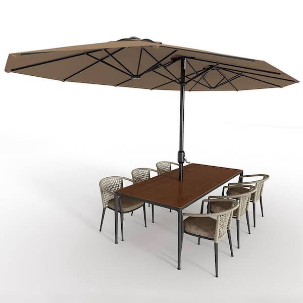 15 ft. Rectangular Outdoor Double-Sided Market Patio Umbrella with Crank Lift & Base in Tan