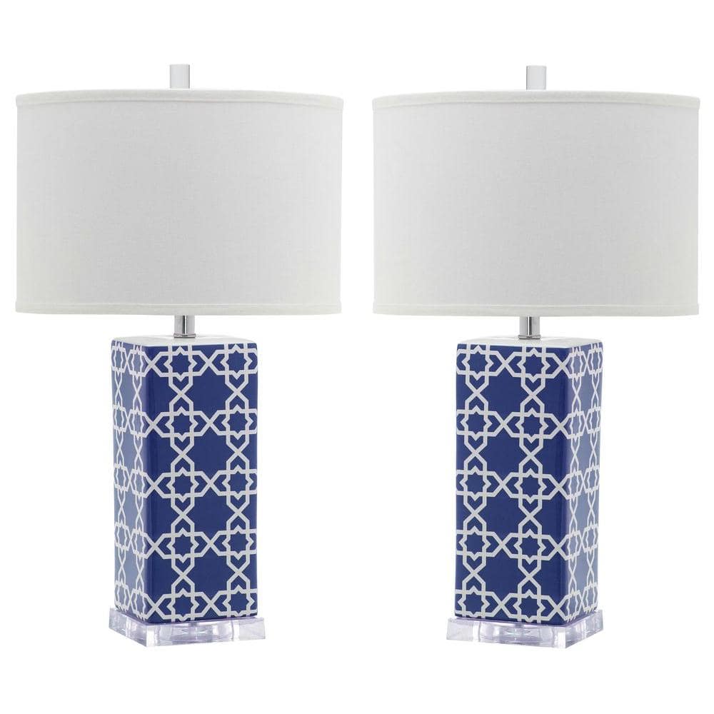 Navy and White Ceramic Table Lamp Set with Cotton Shade