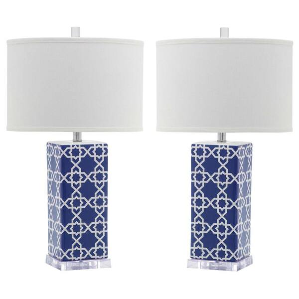 SAFAVIEH Quatrefoil 27 in. Navy Table Lamp with White Shade (Set of 2)