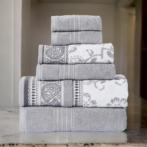 Veria 6-Piece Gray Floral Motif Pattern Fabric Bath Towel Set