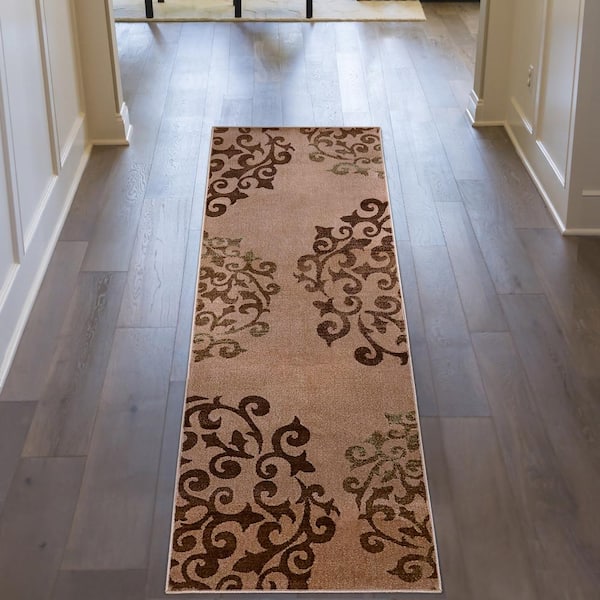 Amber Camel 2 ft. 7 in. x 8 ft. Non-Slip Floral Medallion Area Rug