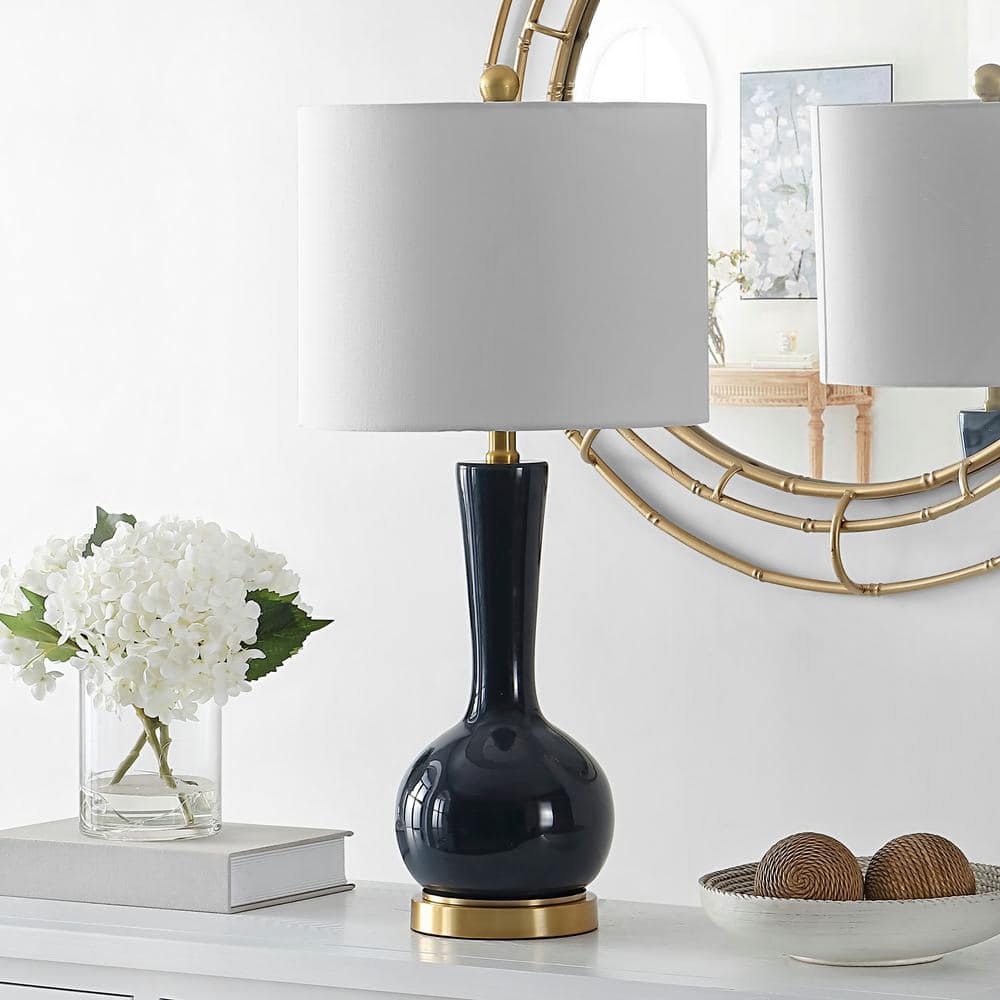 Gaetna Navy Glass Table Lamp with White Drum Shade