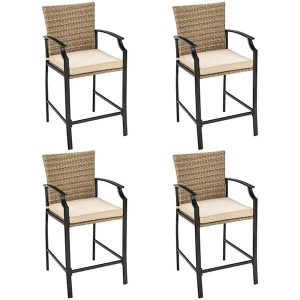 Metal Outdoor Bar Stool with Beige Cushion (4-Pack) Height Back Bar Chairs