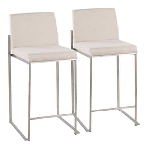 Fuji 35.5 in. Beige Fabric and Stainless Steel High Back Counter Height Bar Stool (Set of 2)