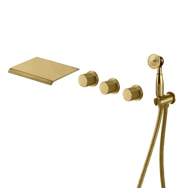 Mondawe Eleanor 3-Handle Wide-Spray Waterfall High Pressure Tub and Shower Faucet in Brushed Gold With Valve