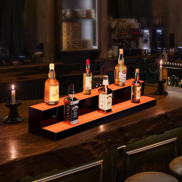 LED Lighted Liquor Bottle Display 6 in. H x 40 in. W 2-Tier Acrylic Wine Rack 20-Bottle 7-Static Colors Multi-Colored