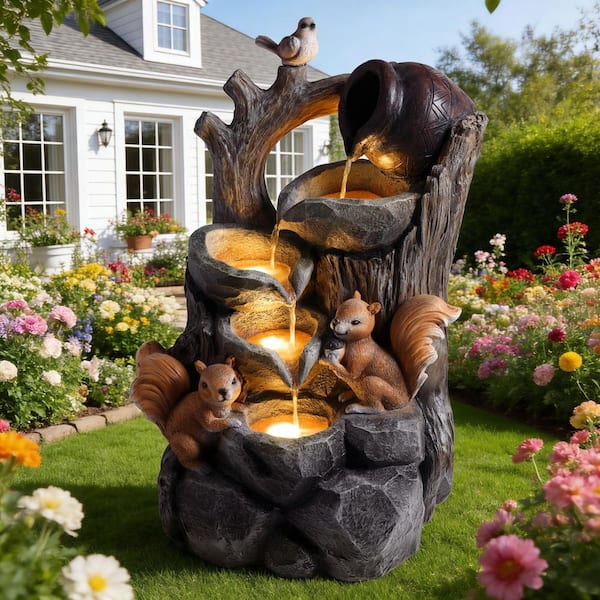 Squirrel Outdoor Water Fountain with Lights Waterfall Garden Decor