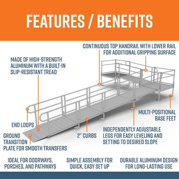 PATHWAY 26 ft. L-Shaped Aluminum Wheelchair Ramp Kit with Solid Surface Tread, 2-Line Handrails and (2) 4 ft. Platforms