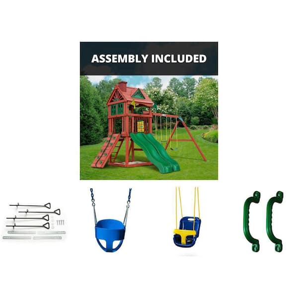 Kids Wood Outdoor Playground Set with 2 Slides, Sandbox, Rock Wall, Swing Set (2-Set)