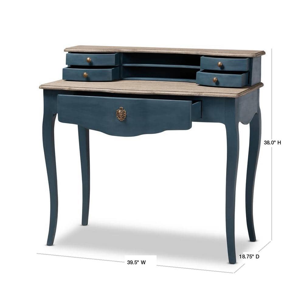 Celestine French Provincial Blue Spruce 40'' Wood Writing Desk with Brass Knobs