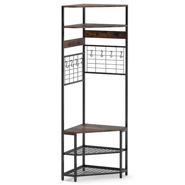 Gymax 5-Tier Corner Hall Tree w/ Shoe Storage Bench 12 Metal Hooks for Living Room Brown