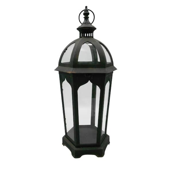 Unbranded 11.5 in. W x 25.5 in. H Pentagon Battery-Powered Glass Candle Lantern with Classic Iron Frame
