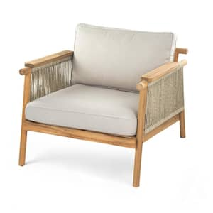 Celine Outdoor Patio Club Chair with Beige Cushions, Rope Weave, Acacia Wood, Teak