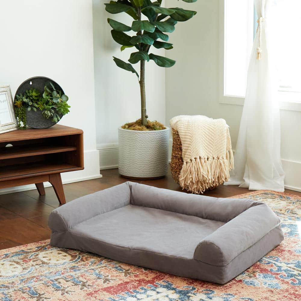 Large Gray Sofa Dog Bed with Raised Bolster Arms