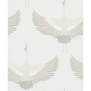 Kumano Collection Cream Textured Flying Storks Pearlescent Finish Non-Pasted Vinyl on Non-Woven Wallpaper Roll