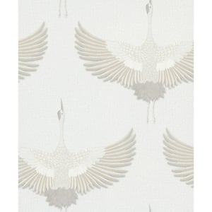 Kumano Collection Cream Textured Flying Storks Pearlescent Finish Non-Pasted Vinyl on Non-Woven Wallpaper Sample