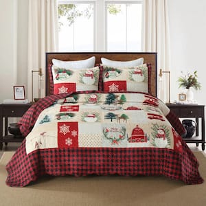 BYV208 Christmas Burgundy Log Cabin and Snowman King Size Polyester Velvet Quilt Bedspread Set