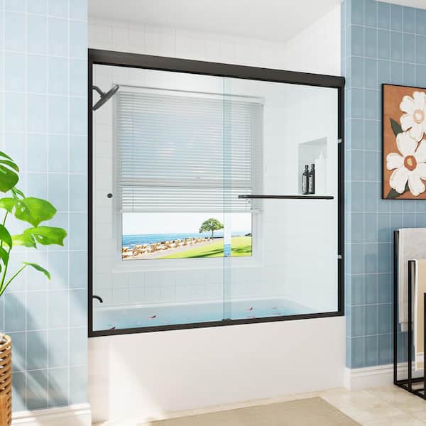 55 in. - 59 in. W x 56 in. H Double Sliding Semi-Frameless Tub Door in Matte Black with Clear Glass