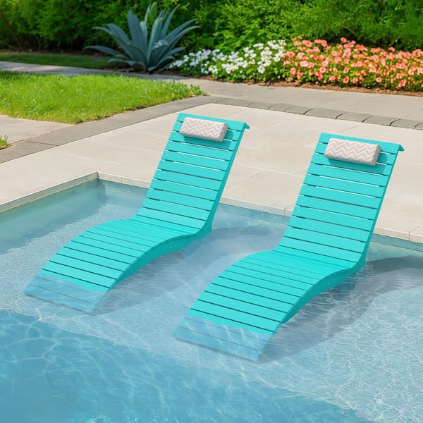 Sasha Aruba Blue HDPS Plastic Patio Lounge Chair Waterproof Fade-Resistant Outdoor Chaise Lounge with Headrest Set of 2
