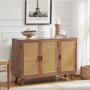 Ezio 3-Door Walnut Rattan Accent Cabinet with Adjustable Shelt and Solid Wood Leg