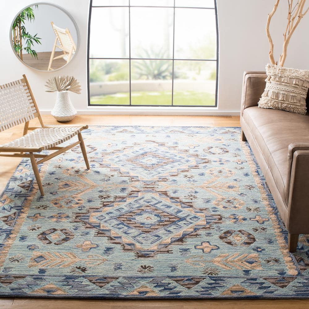 Handmade Tufted Woolen Floral Area Rug, Blue/Beige, 8' x 10'
