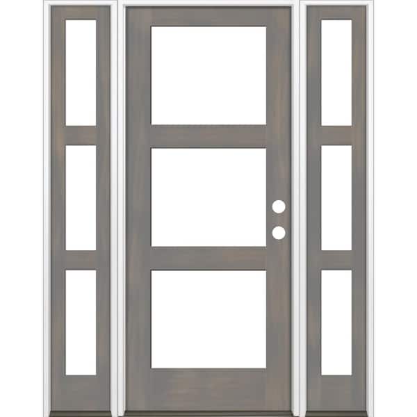 Krosswood Doors 60 in. x 96 in. Modern Hemlock Left-Hand/Inswing 3-Lite Clear Glass Grey Stain Wood Prehung Front Door with Sidelites