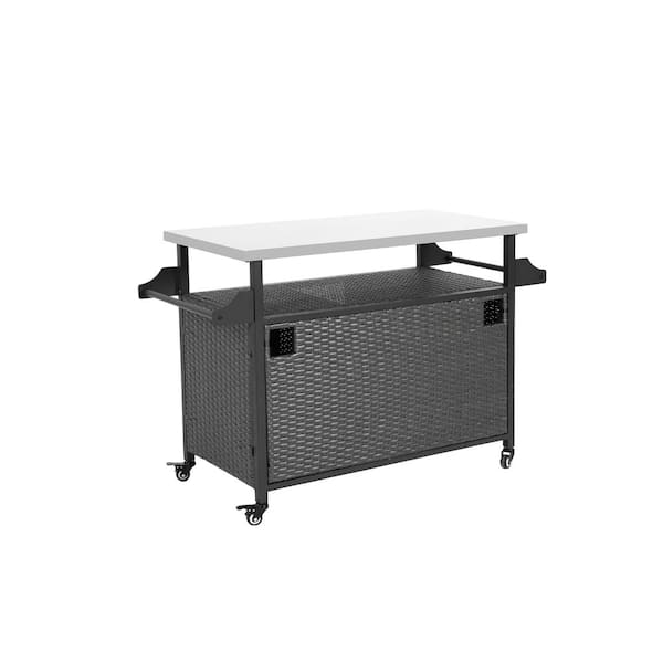 Unbranded Gray Wicker Outdoor Serving Cart with Storage Cabinet, Wheel, Stainless Steel Extended Table Top and Side Handle