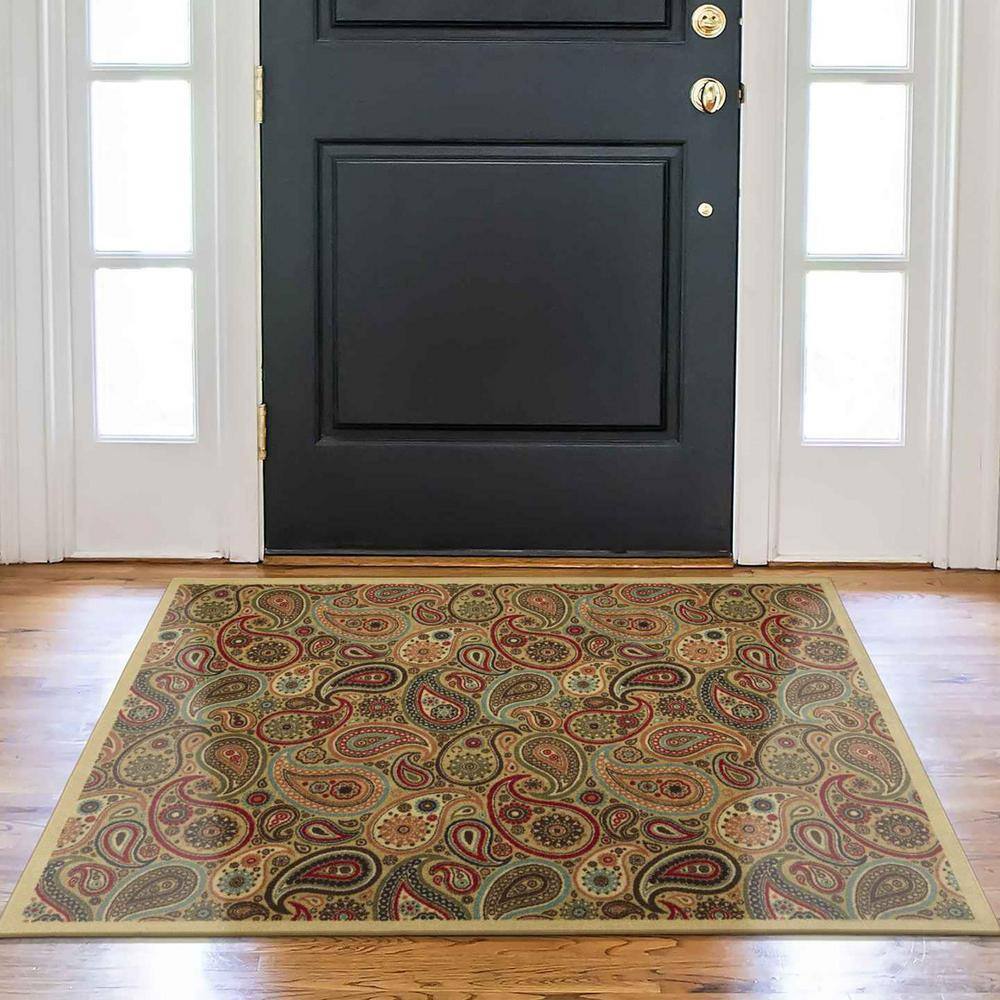 Paisley Design Beige and Red Non-Slip Washable Area Rug