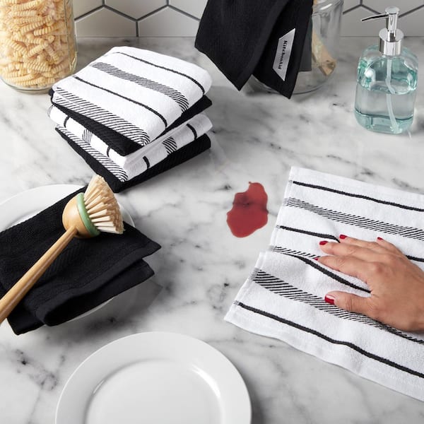 Albany Striped Matte Black/White 12 in. x 12 in. Cotton Dishcloth Set (8-Pack)