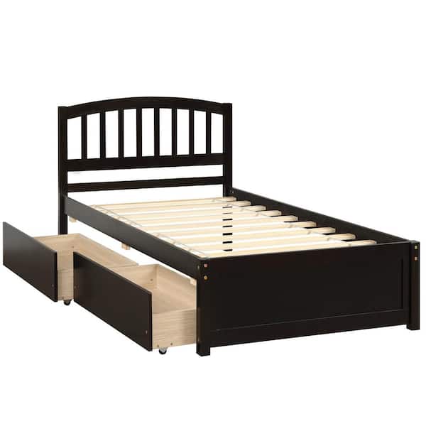 URTR Espresso Twin Size Storage Platform Bed with 2-Drawers Wood Bed Frame with Headboard, No Box Spring Need