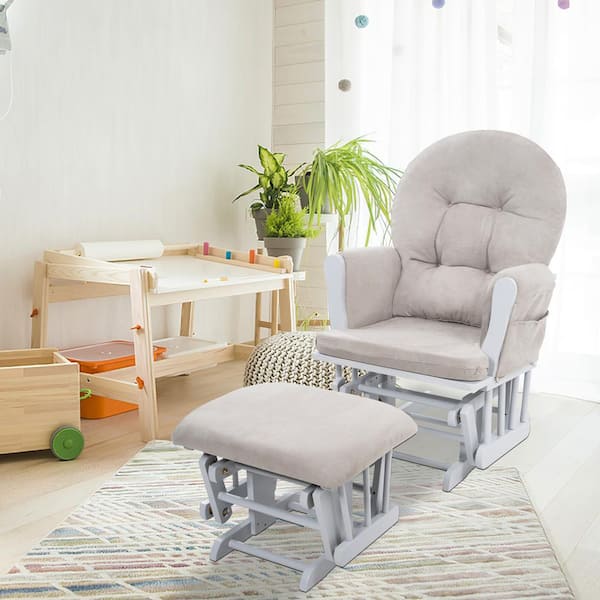 Light Gray Nursery Glider and Ottoman Set with Light Gray Cushion, Rocking Chair for Breastfeeding and Maternity Comfort