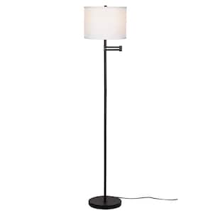 60 in. Black 1-Light Dimmable Swing Arm Floor Lamp for Living Room with Fabric Drum Shade