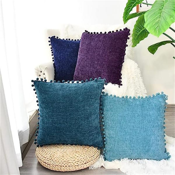 CaliTime Pack of 4 Cozy Throw Pillow Covers Cases for Couch Sofa Home Decoration Solid Dyed Soft Chenille 18 x 18 Inches Navy Blue