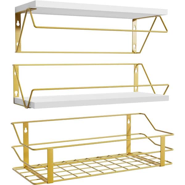 Teamson Kids 16.7 in. W x 6.7 in. D Decorative Wall Shelf, White Gold Wall Shelves with Storage Wire Basket Set of 3