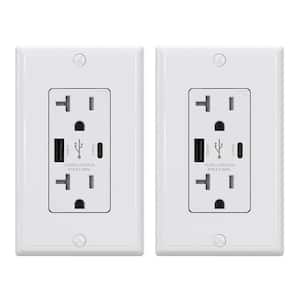 25-Watt 20 Amp Type A & C Dual USB Wall Charger with Duplex Tamper Resistant Outlet Wall Plate Included, White (2-Pack)