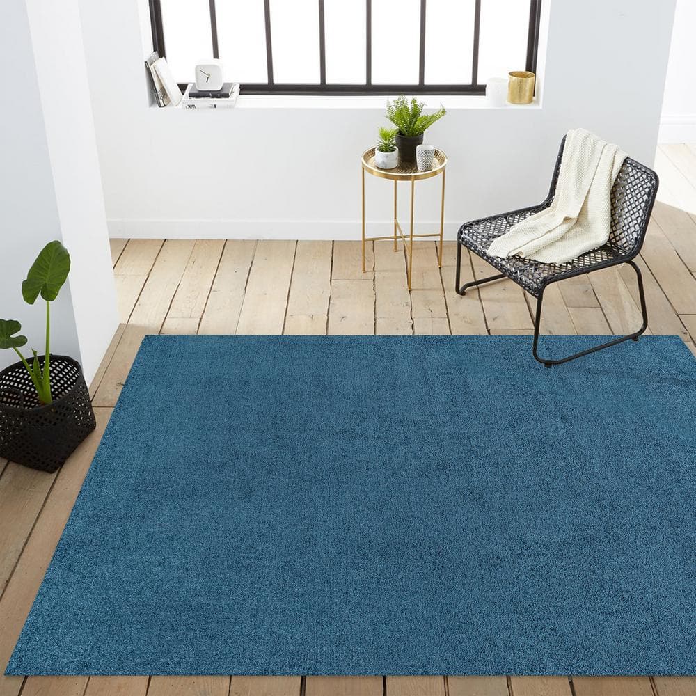 Navy Solid Synthetic Low-Pile Rectangular Area Rug, 8'x10'