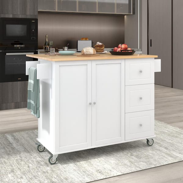 grossag White Wood 52.7 in. Kitchen Island with 3-Drawers, Extensible Tabletop and Spice Rack, Towel Rack
